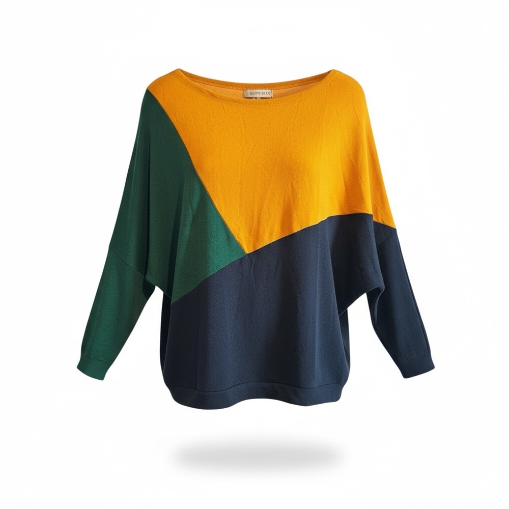 Spring Colorblock Green Yellow Blue Crew Neck Top